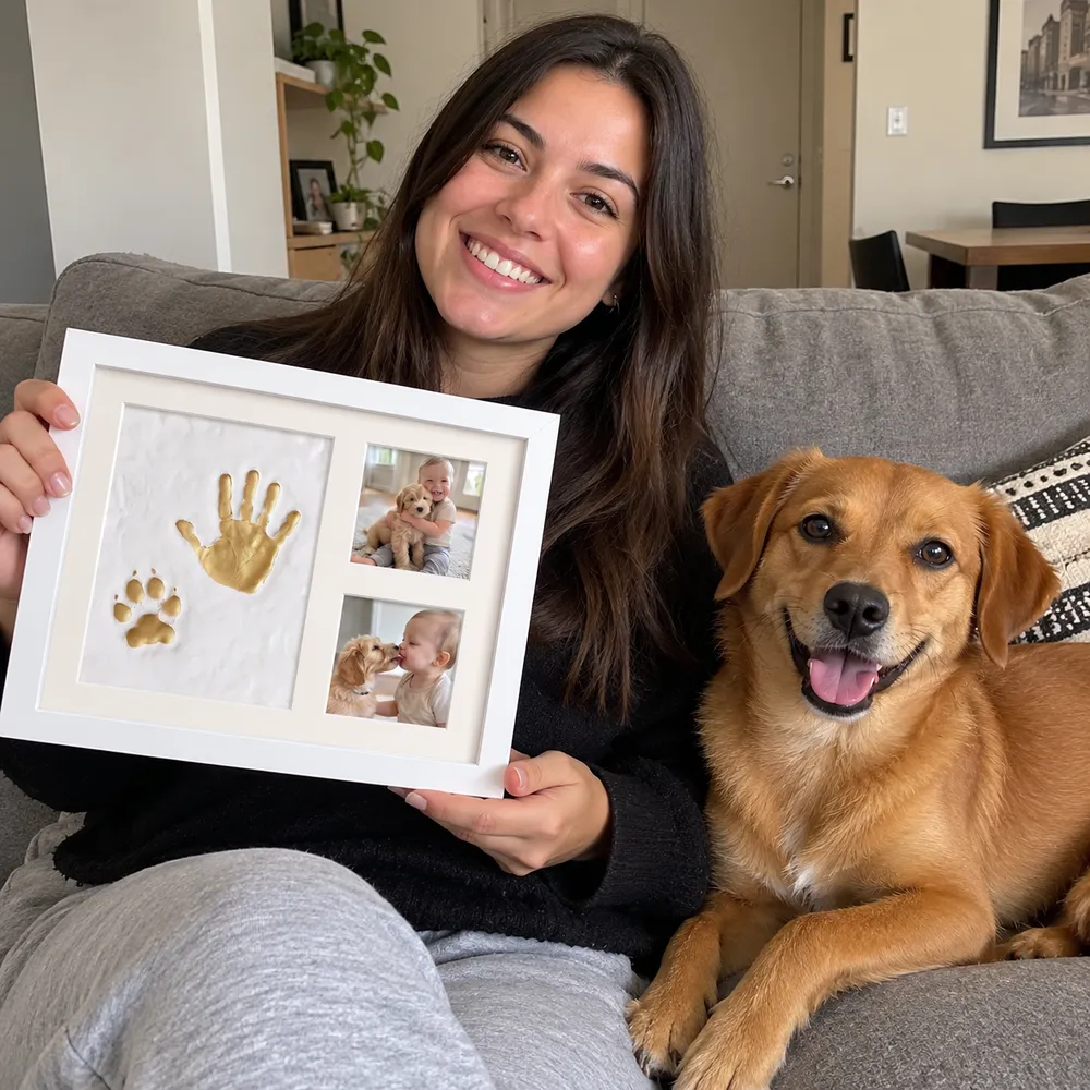 Mulher no sofá mostrando o quadro ao lado do cachorro